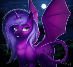 Size: 1150x1050 | Tagged: safe, artist:the1xeno1, oc, oc only, alicorn, bat pony, bat pony alicorn, pony, bat pony oc, female, leonine tail, mare, moon, night, smiling