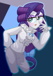 Size: 1900x2700 | Tagged: safe, artist:geraritydevillefort, rarity, human, the count of monte rainbow, equestria girls, g4, blushing, clothes, crossover, female, glasses, hand on hip, open mouth, pants, rarifort, shirt, solo, the count of monte cristo, villefort
