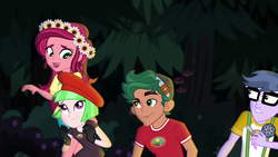 Size: 1920x1080 | Tagged: safe, screencap, drama letter, gloriosa daisy, microchips, timber spruce, watermelody, equestria girls, g4, my little pony equestria girls: legend of everfree, background human, camp everfree logo, camp everfree outfits, female, flower, flower in hair, smiling