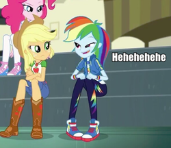 Size: 663x573 | Tagged: safe, edit, edited screencap, screencap, applejack, pinkie pie, rainbow dash, equestria girls, equestria girls series, g4, overpowered (equestria girls), boots, caption, clothes, converse, cowboy boots, cowboy hat, cropped, crossed arms, denim skirt, faic, female, geode of super speed, geode of super strength, hat, image macro, leggings, magical geodes, meme, pants, pantyhose, rainbow dash is best facemaker, shoes, skirt, smiling, sneakers, stetson, text