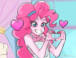 Size: 1075x827 | Tagged: safe, artist:keeerooooo1, pinkie pie, equestria girls, g4, my little pony equestria girls: better together, the craft of cookies, apron, clothes, cute, diapinkes, floating heart, heart, heart hands, looking at you, scene interpretation, smiling, window