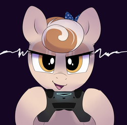 Size: 2030x2000 | Tagged: safe, artist:confetticakez, oc, oc only, oc:cinnamon spangled, earth pony, pony, controller, female, high res, mare, playstation, playstation 4, simple background, smug, solo, video game