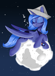 Size: 2126x2953 | Tagged: safe, artist:php97, princess luna, alicorn, pony, g4, cartographer's cap, cute, earbuds, eyes closed, female, hat, high res, ipod, lunabetes, mare, moon, mp3 player, music notes, paper hat, pony bigger than a planet, s1 luna, solo, space, tangible heavenly object