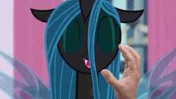 Size: 800x450 | Tagged: safe, edit, edited screencap, editor:hotkinkajou, screencap, queen chrysalis, changeling, changeling queen, pony, a canterlot wedding, g4, adorkable, animated, bouncing, cute, cutealis, disembodied hand, dork, dorkalis, eyes closed, female, gif, hand, happy, hopping, hotkinkajou is trying to murder us, jumping, loop, open mouth, perfect loop, petting, scratching, silly, silly changeling, silly pony, smiling, solo focus