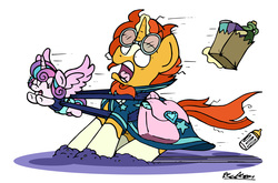 Size: 3661x2415 | Tagged: safe, artist:bobthedalek, princess flurry heart, sunburst, alicorn, pony, unicorn, g4, baby, baby bottle, baby carrier, baby pony, babysitting, bag, bottle, cloak, clothes, cute, diaper, dragged, duo, eyes closed, female, filly, flurrybetes, flying, foal, glasses, glowing horn, gotta go fast, groceries, high res, horn, magic, male, messy mane, paper bag, pulling, saddle bag, screaming, shopping, shopping bag, signature, simple background, stallion, telekinesis, uncle sunburst