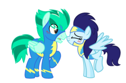 Size: 1612x1056 | Tagged: safe, artist:sapphireartemis, oc, oc only, oc:sapphire skies, oc:thunder greenlight, pony, boop, clothes, female, male, mare, noseboop, simple background, stallion, transparent background, uniform, wonderbolt trainee uniform, wonderbolts uniform