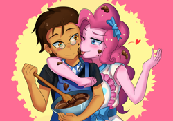 Size: 800x560 | Tagged: safe, artist:tzc, pinkie pie, oc, oc:copper plume, equestria girls, equestria girls series, the craft of cookies, spoiler:eqg series (season 2), anime, apron, baking, blushing, bow, bowl, canon x oc, chocolate, clothes, commission, commissioner:imperfectxiii, copperpie, craft, female, food, glasses, licking, male, neckerchief, one eye closed, shirt, spoon, straight, tongue out, wink, wooden spoon