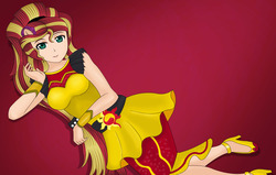 Size: 2337x1490 | Tagged: safe, artist:anonix123, sunset shimmer, human, dance magic, equestria girls, equestria girls specials, g4, clothes, female, flamenco dress, gradient background, high heels, humanized, looking at you, shoes, smiling, sunset shimmer flamenco dress