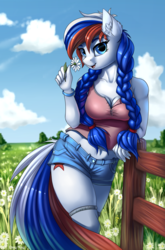 Size: 1560x2364 | Tagged: safe, artist:lightly-san, oc, oc only, oc:marussia, anthro, anthro oc, belly button, big breasts, blue eyes, braid, braided pigtails, breasts, busty oc, cleavage, clothes, cloud, countryside, denim shorts, female, fence, field, flower, grass, happy, looking at you, midriff, multicolored mane, multicolored tail, nation ponies, open mouth, outdoors, russia, shorts, sky, smiling, socks, solo, tomboy