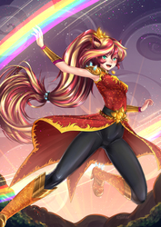Size: 1240x1754 | Tagged: safe, alternate version, artist:adsouto, sunset shimmer, human, equestria girls, g4, armpits, badass, boots, clothes, crystal guardian, female, geode of empathy, high heel boots, humanized, jumping, looking at you, magical geodes, ponied up, rainbow, shoes, smiling, solo