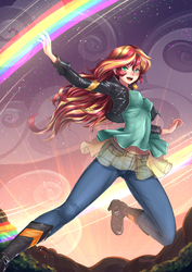 Size: 1240x1754 | Tagged: safe, artist:adsouto, sunset shimmer, human, equestria girls, g4, anime, badass, boots, clothes, female, geode of empathy, humanized, jacket, jewelry, jumping, leather jacket, looking at you, magical geodes, midriff, necklace, rainbow, shoes, smiling, solo