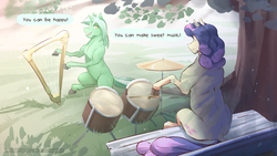 Size: 3840x2162 | Tagged: safe, artist:icychamber, bon bon, lyra heartstrings, sweetie drops, earth pony, pony, unicorn, fanfic:bon bon bon bon bon bon, g4, bench, dock, drums, duo, fanfic art, harp, high res, hoers, hoof hold, musical instrument, smiling, tree