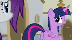 Size: 1280x720 | Tagged: safe, screencap, rarity, twilight sparkle, alicorn, pony, unicorn, friendship university, g4, alternate hairstyle, beautiful, butt, disguise, hat, plainity, plot, twilight sparkle (alicorn)