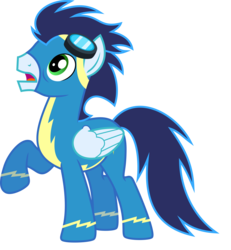 Size: 6000x6483 | Tagged: safe, artist:chainchomp2, soarin', pegasus, pony, g4, the best night ever, absurd resolution, clothes, goggles, looking up, male, raised hoof, simple background, solo, stallion, transparent background, uniform, vector, wonderbolts uniform