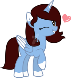 Size: 1600x1761 | Tagged: safe, artist:kojibiose, oc, oc only, oc:imagination ideas, alicorn, pony, g4, alicorn oc, deviantart watermark, female, heart, mare, obtrusive watermark, one eye closed, simple background, solo, transparent background, two toned wings, watermark, wink