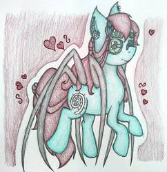 Size: 1187x1224 | Tagged: safe, artist:angelofthewisp, oc, oc only, oc:arachness, monster pony, original species, pony, spiderpony, black sclera, colored sclera, ear piercing, earring, female, heart, jewelry, mare, multiple eyes, piercing, solo, traditional art
