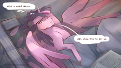 Size: 3840x2162 | Tagged: safe, artist:icychamber, twilight sparkle, alicorn, pony, g4, bed, female, high res, morning ponies, solo, speech bubble, teary eyes, thought bubble, twilight sparkle (alicorn)