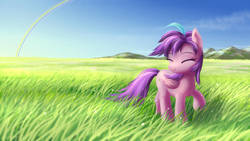 Size: 1024x576 | Tagged: safe, artist:jeremywithlove, oc, oc only, oc:rainbow aroma, pegasus, pony, eyes closed, female, grass, grass field, mountain, rainbow, scenery, sky, smiling, solo