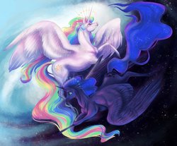 Size: 3856x3196 | Tagged: safe, artist:dragonspirit469, princess celestia, princess luna, alicorn, pony, g4, cutie mark, duo, female, flying, halo, high res, long tail, mare, royal sisters, siblings, sisters, space, spread wings, stars, wings