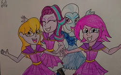 Size: 1280x786 | Tagged: safe, artist:dncsamsonart, fuchsia blush, lavender lace, starlight glimmer, trixie, equestria girls, g4, traditional art, trixie and the illusions