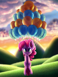 Size: 1280x1707 | Tagged: safe, artist:aquapegasus, pinkie pie, earth pony, pony, balloon, cloud, female, floating, grass, mare, mountain, mountain range, open mouth, sky, smiling, solo, sunrise, then watch her balloons lift her up to the sky