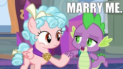 Size: 1920x1080 | Tagged: safe, edit, edited screencap, screencap, cozy glow, spike, dragon, pegasus, pony, g4, school raze, backpack, caption, crack shipping, female, filly, image macro, interspecies, lidded eyes, male, marriage proposal, meme, ship:cozyspike, shipping, straight, text, winged spike, wings