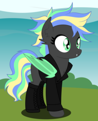 Size: 4372x5416 | Tagged: safe, artist:rainbowsurvivor, oc, oc only, oc:primal screech, bat pony, pony, absurd resolution, bat pony oc, boots, bush, chest fluff, clothes, ear piercing, earring, fangs, female, grass, jacket, jewelry, leather jacket, mare, piercing, shoes, sky, solo
