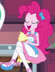 Size: 480x636 | Tagged: safe, screencap, pinkie pie, equestria girls, equestria girls series, g4, the craft of cookies, spoiler:eqg series (season 2), apron, clothes, cropped, crossed legs, cupcake, cute, diapinkes, food, frosting, kitchen, legs, open mouth