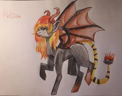 Size: 960x751 | Tagged: safe, artist:olchusia52, oc, oc only, oc:hellfire (ice1517), demon, demon pony, pony, bat wings, female, horns, mare, raised hoof, solo, tongue out, traditional art, wings