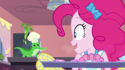 Size: 1280x720 | Tagged: safe, screencap, gummy, pinkie pie, equestria girls, g4, my little pony equestria girls: better together, the craft of cookies, baking, baking sheet, chef's hat, hat, plushie