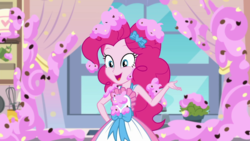 Size: 1280x720 | Tagged: safe, screencap, pinkie pie, equestria girls, g4, my little pony equestria girls: better together, the craft of cookies, apron, clothes, cute, diapinkes, female, food, frosting, kitchen, open mouth, smiling, solo