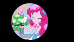 Size: 1280x720 | Tagged: safe, screencap, pinkie pie, tank, tortoise, equestria girls, g4, my little pony equestria girls: better together, the craft of cookies, cookie, food, hat, iris out, messy