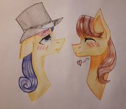 Size: 960x829 | Tagged: safe, artist:olchusia52, bon bon, sweetie drops, toffee, earth pony, pony, g4, accessory swap, blushing, bust, cute, eyes closed, female, hat, heart, lesbian, mare, open mouth, shipping, toffbon, top hat, traditional art