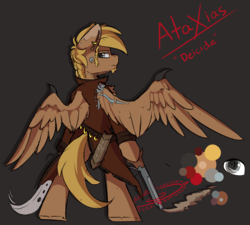 Size: 3167x2853 | Tagged: safe, artist:beardie, oc, oc only, oc:ataxias deicide, pegasus, pony, bipedal, clothes, edgy, edgy as fuck, gun, high res, sword, weapon, wing claws