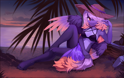 Size: 4824x3030 | Tagged: safe, artist:lispp, oc, oc only, oc:ardent dusk, pegasus, anthro, unguligrade anthro, adorasexy, anthro oc, beach, bikini, bikini top, breasts, clothes, cloud, commission, cute, female, hat, looking at you, mare, night, pale belly, sand, sarong, sexy, smiling, solo, swimsuit, water