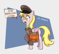 Size: 1900x1750 | Tagged: safe, artist:la artillería, derpy hooves, pegasus, pony, g4, abstract background, chromatic aberration, el chavo del 8, female, latin american, mailmare, mare, mexico, open mouth, postman's hat, simple background, solo, spanish