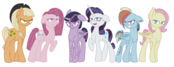 Size: 2374x910 | Tagged: safe, artist:irennecalder, mean applejack, mean fluttershy, mean pinkie pie, mean rainbow dash, mean rarity, mean twilight sparkle, alicorn, earth pony, pegasus, pony, unicorn, icey-verse, g4, the mean 6, alternate hairstyle, clone, clone six, commission, cowboy hat, ear fluff, ear piercing, earring, eye scar, female, hat, headcanon, jewelry, mare, open mouth, piercing, raised hoof, scar, short hair, short mane, sidecut, simple background, tattoo, transparent background, undercut