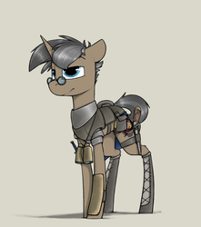 Size: 992x1123 | Tagged: safe, artist:sinrar, oc, oc only, pony, unicorn, armor, binoculars, boots, commission, glasses, gun, handgun, pistol, screwdriver, shoes, simple background, solo, weapon