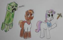 Size: 1915x1212 | Tagged: safe, artist:rapidsnap, button mash, sweetie belle, pony, don't mine at night, g4, creeper, minecraft, pickaxe, traditional art