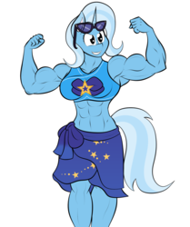 Size: 1381x1648 | Tagged: safe, artist:matchstickman, trixie, unicorn, anthro, g4, abs, armpits, biceps, bikini, breasts, busty trixie, clothes, deltoids, female, flexing, grand and muscular trixie, mare, midriff, muscles, sarong, simple background, solo, sunglasses, swimsuit, white background