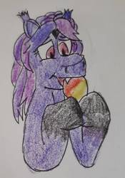Size: 885x1264 | Tagged: safe, artist:rapidsnap, oc, oc only, oc:amethyst shade, pony, eating, food, mango, solo, traditional art