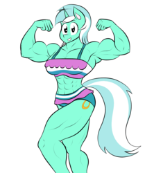 Size: 1381x1648 | Tagged: safe, artist:matchstickman, lyra heartstrings, unicorn, anthro, g4, abs, armpits, biceps, breasts, busty lyra heartstrings, clothes, deltoids, female, flexing, looking at you, lyra hamstrings, mare, muscles, simple background, solo, swimsuit, thunder thighs, white background