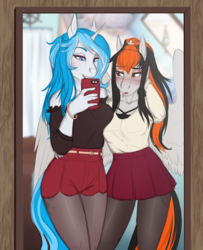 Size: 2356x2897 | Tagged: safe, artist:askbubblelee, oc, oc only, oc:bubble lee, oc:cannon car, pegasus, unicorn, anthro, anthro oc, bedroom, blushing, cellphone, clothes, commission, duo, eye scar, eyeshadow, female, freckles, heterochromia, high res, lipstick, makeup, mirror, pantyhose, phone, scar, selfie, smiling