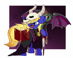Size: 2500x2000 | Tagged: safe, artist:etoz, oc, oc only, oc:spore, earth pony, pony, snake, bandage, book, candle, claws, clothes, commission, cute, female, fire, gradient background, happy, high res, horn, mare, necromancer, necromancy, skull, smiling, staff, teeth, wings