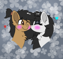 Size: 1250x1154 | Tagged: safe, artist:darkwolfhybrid, oc, oc only, oc:frostie, oc:sketcher, pony, blushing, bust, cheek kiss, chest fluff, commission, disembodied head, eyes closed, head, heart, kissing, one eye closed, ponytail, smiling