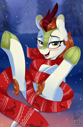 Size: 2008x3071 | Tagged: safe, alternate version, artist:php97, autumn blaze, kirin, g4, sounds of silence, bedroom eyes, blushing, christmas, clothes, female, high res, holiday, looking at you, open mouth, open smile, scarf, smiling, smiling at you, snow, solo, underhoof, winter