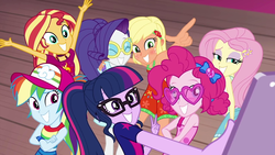 Size: 1920x1080 | Tagged: safe, screencap, applejack, fluttershy, pinkie pie, rainbow dash, rarity, sci-twi, sunset shimmer, twilight sparkle, equestria girls, equestria girls series, g4, i'm on a yacht, spoiler:eqg series (season 2), alternate hairstyle, baseball cap, blushing, cap, cellphone, clothes, dress, female, geode of empathy, geode of fauna, geode of shielding, geode of sugar bombs, geode of super speed, geode of super strength, geode of telekinesis, glasses, group, hat, heart shaped glasses, humane five, humane seven, humane six, magical geodes, peace sign, phone, ponytail, pose, selfie, sleeveless, smartphone, sunburn, sunglasses, tanned
