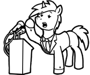 Size: 179x150 | Tagged: safe, artist:crazyperson, pony, unicorn, fallout equestria, fallout equestria: commonwealth, black and white, clothes, fanfic art, formal wear, generic pony, gesture, grayscale, microphone, monochrome, necktie, open mouth, picture for breezies, podium, raised hoof, simple background, suit, talking, transparent background