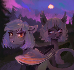 Size: 1000x950 | Tagged: safe, artist:dearmary, oc, bat pony, pony, duo, forest, moon