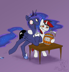 Size: 960x1000 | Tagged: safe, artist:bigrigs, princess luna, oc, oc:blackjack, alicorn, pony, unicorn, fallout equestria, fallout equestria: project horizons, g4, alcohol, blushing, booze, coffee, coffee mug, colored sclera, luna found the coffee, mug, yellow sclera